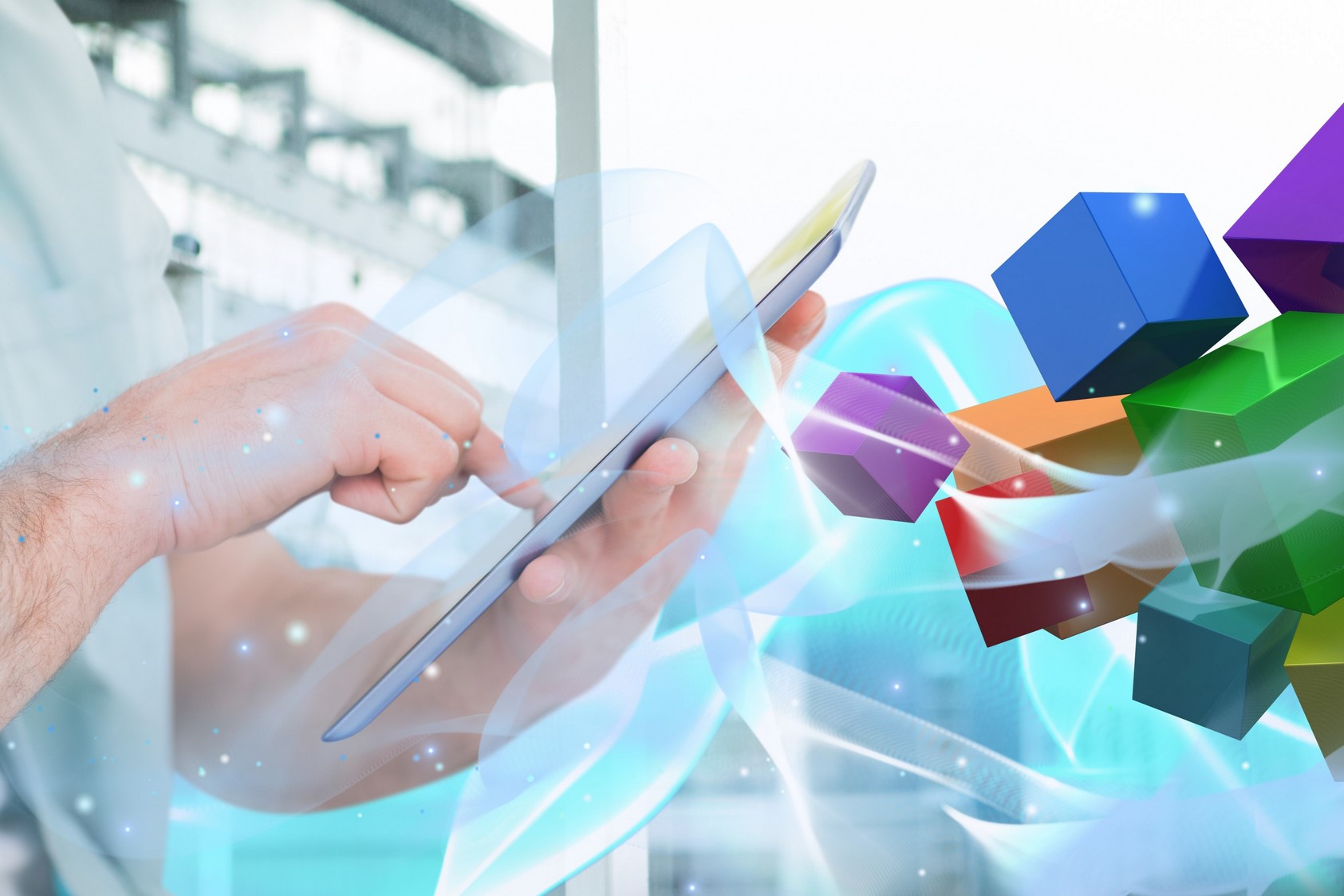 composite of hands using tablet computer with graphics